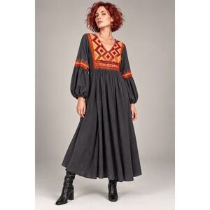 Uncle Frank Small Charcoal Embroidered Boho Maxi Dress Geometric